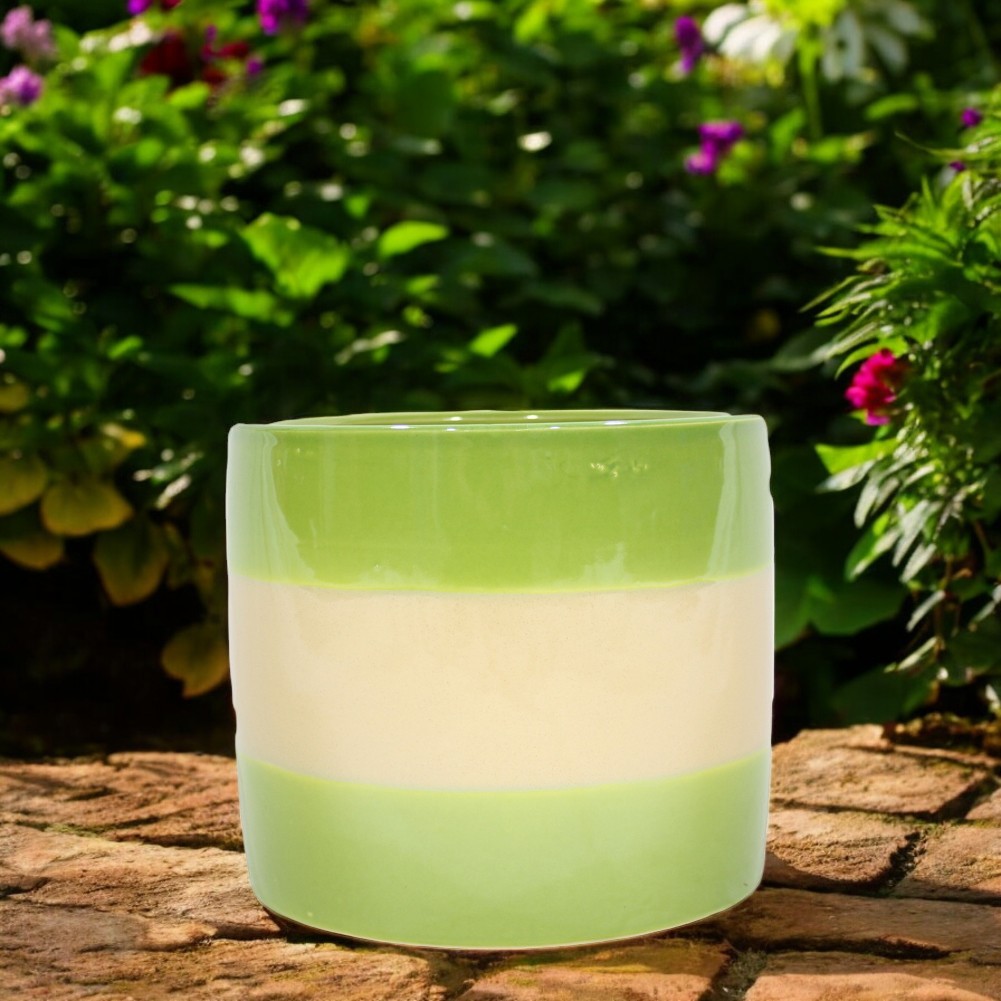 Classy Homes Ceramic Plant Pots Striped Green / Light Pink 3 Piece Set