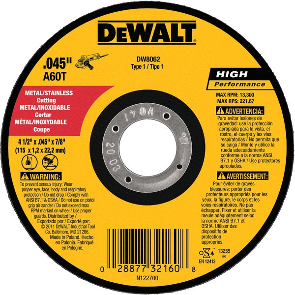 ****DEWALT HP Type 1 Metal/Stainless Cut-Off Wheel 4.5 In. x 0.045 In. x 7/8 In.