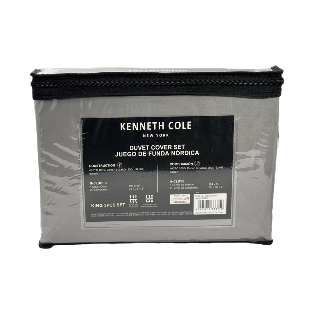 Kenneth Cole King 400TC Duvet Cover Set, Silver - 100% Cotton, 3Pc