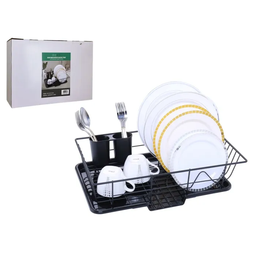 [739-01893] Life Art Dish Rack with Plastic Draining Tray, Black