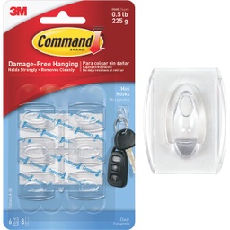 [17006CLR-ES-6PK / 17006CLRES / 17006CLR-ES] 3M Command Clear Mini Hooks, 6 Hooks, 8 Strips (0.5Lb. Capacity)