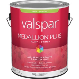 [028.0026004.007] Valspar Medallion Plus Premium Paint &amp; Primer Satin Exterior Paint, Clear Base, 1 Gal.