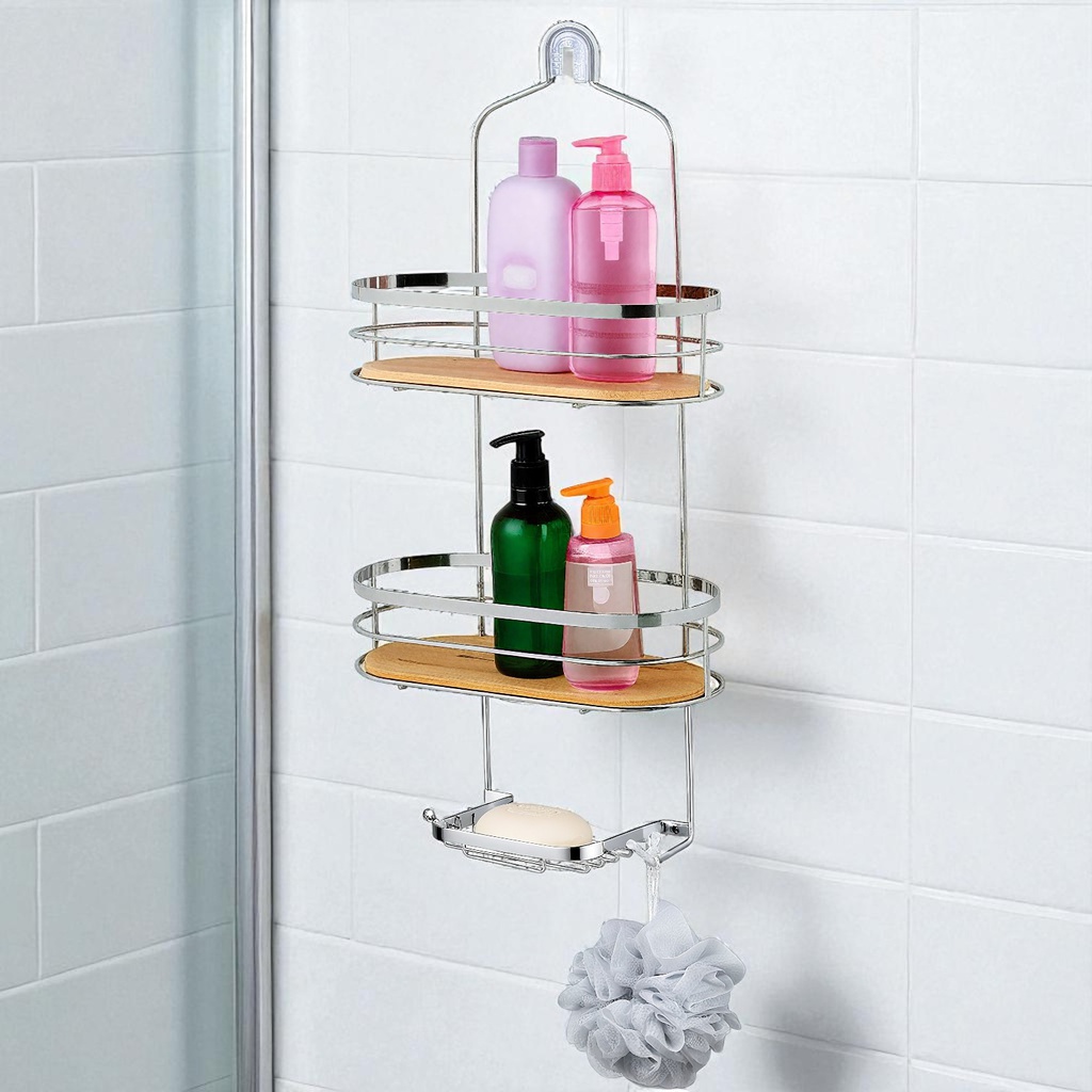 Royal Homes Shower Caddy Bamboo, Chrome